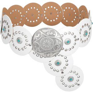 Woman's Western PU Leather Belts Concho Disc Wide Waist Belt White Silver Buckle